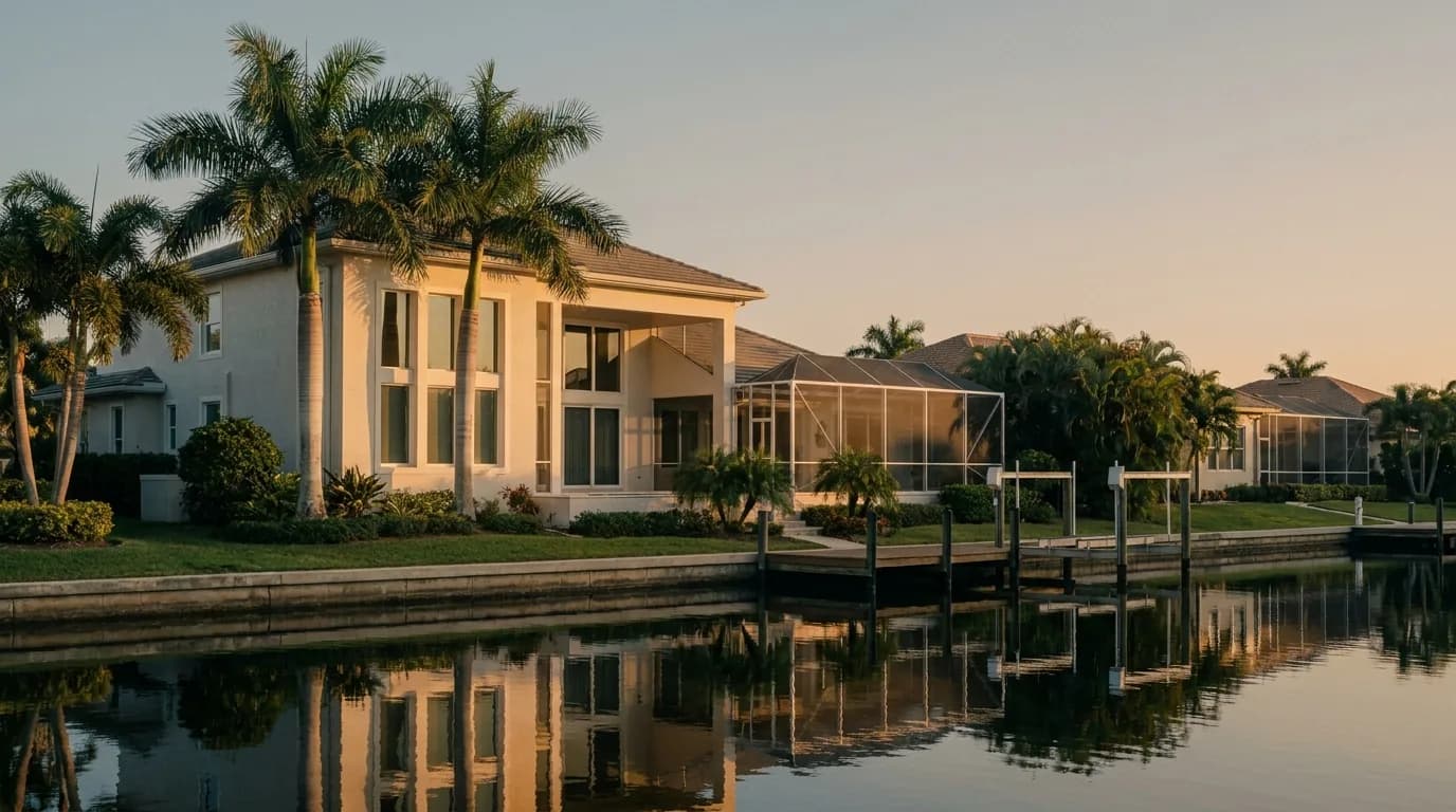 A canal-front Naples, Florida residence with a screened lanai and an empty boat dock, closed up at golden hour.