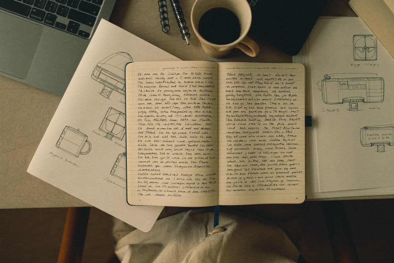 An overhead view of a desk with an open paper notebook, pen and coffee cup.