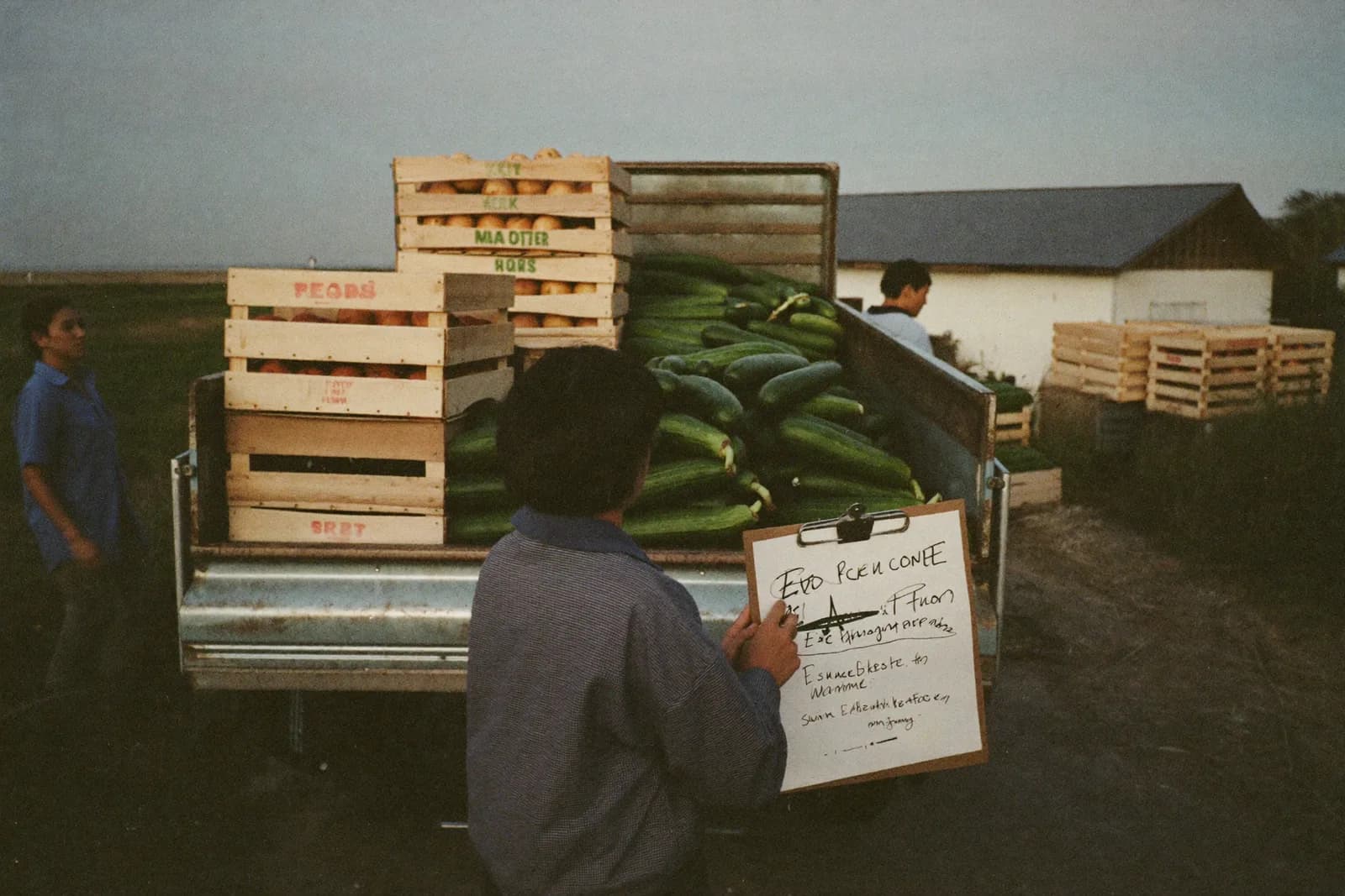 Crates of produce being loaded into the back of a truck at a farm in early morning light.