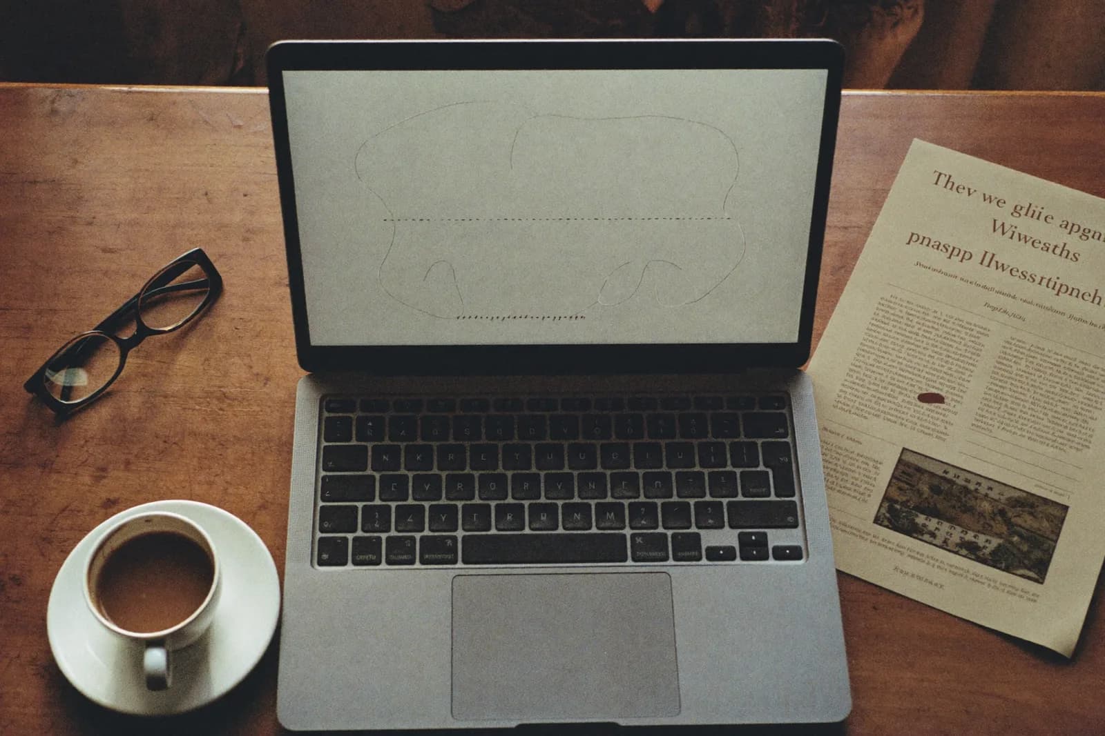 A desk with a laptop showing a plain text email draft, beside a camera and a knife blank on a cloth.