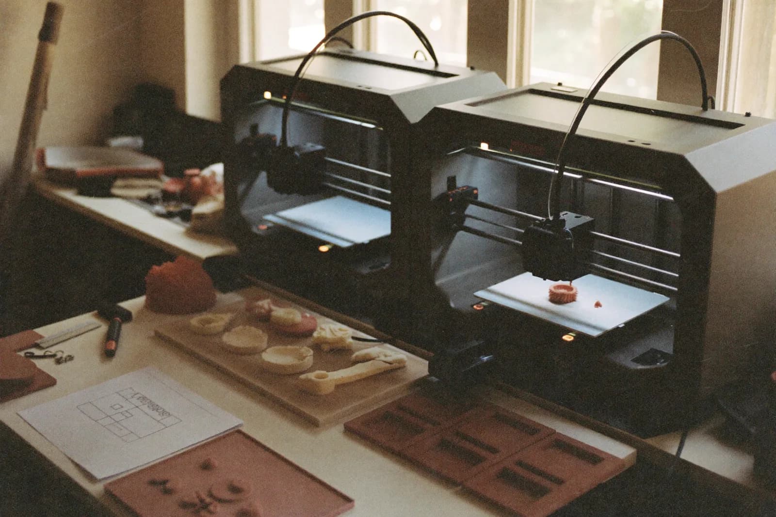 A prototyping lab bench with machined metal parts, calipers and a partly assembled device.