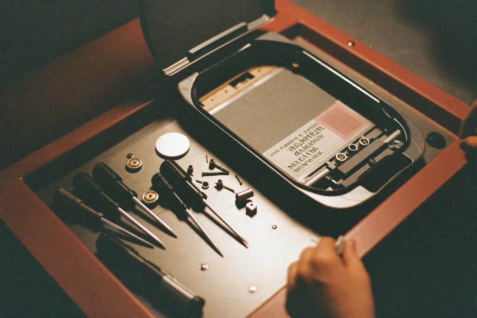 A repair bench with a partly disassembled loudspeaker cabinet, a screwdriver set and small labelled parts bins behind it.